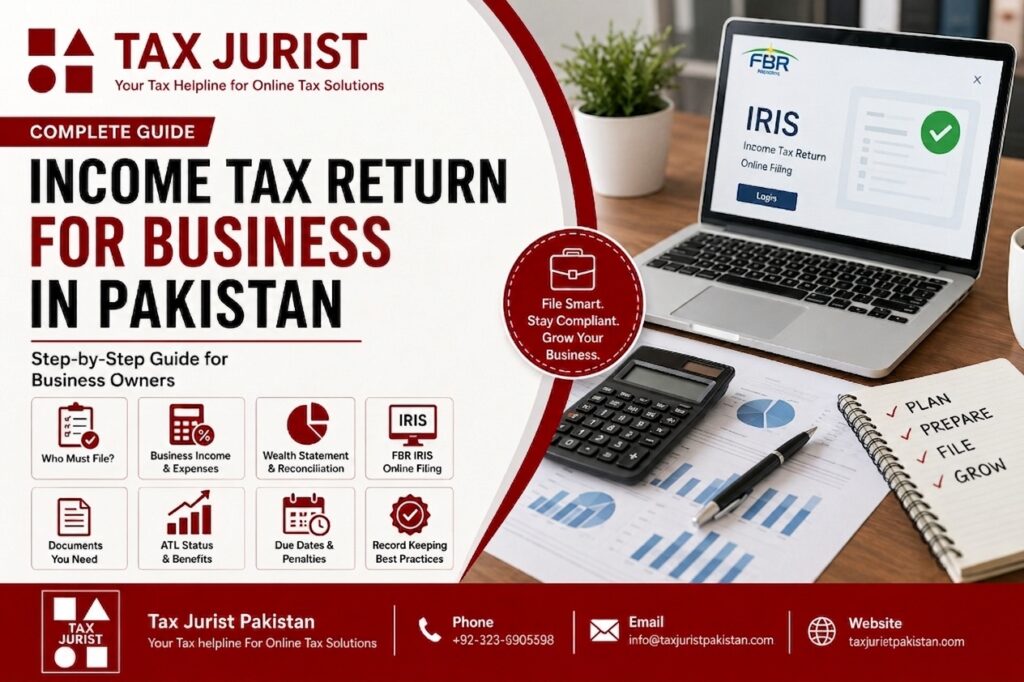 Income Tax Return for Business in Pakistan: Complete Guide for Business Owners TAX JURIST PAKISTAN An Online Tax Solution file an income tax return for business in Pakistan, including FBR IRIS, business income, expenses, ATL, records and Wealth Statement.
