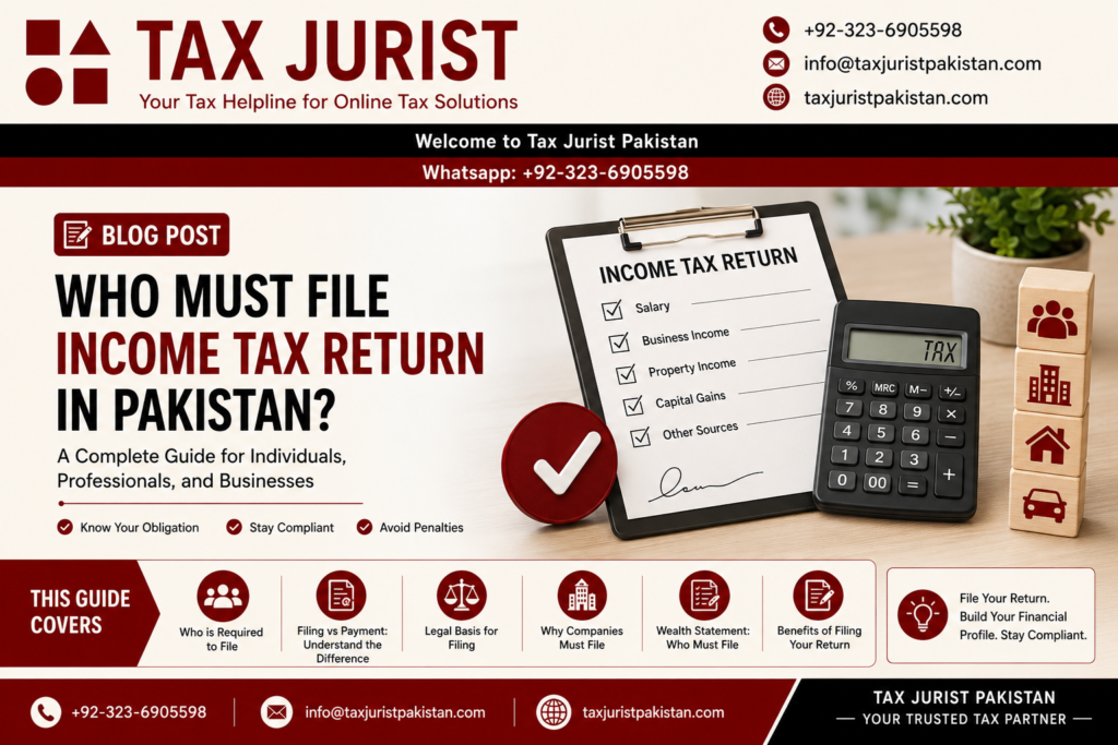 Who Must File an Income Tax Return in Pakistan? A Complete Guide for Individuals, Professionals, and Businesses TAX JURIST PAKISTAN An Online Tax Solution Learn who must file an income tax return in Pakistan, including salaried people, freelancers, professionals, businesses, property and vehicle owners.