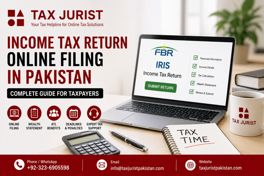 Vertical infographic in a professional maroon, black, white, and light cream color scheme titled “Income Tax Return Online Filing in Pakistan – Complete Guide for Taxpayers.” The top header features the TAX JURIST geometric logo in maroon, with the tagline “Your Tax Helpline for Online Tax Solutions.” A black banner reads “Welcome to Tax Jurist Pakistan,” followed by a maroon banner displaying “Whatsapp: +92-323-6905598.” The main infographic explains online income tax return filing in Pakistan through the FBR IRIS portal. A central laptop illustration displays “FBR IRIS – Income Tax Return – SUBMIT,” alongside a checklist and calculator. The left side highlights “What Is Online Tax Filing?”, explaining that income tax return online filing means submitting an income tax return electronically through the FBR IRIS portal. It also explains “Who Needs to File?”, including salaried individuals, business owners, freelancers, property owners, investors, and others subject to income tax law. Another section lists “Required Information,” including income details, tax deducted, expenses, assets, liabilities, bank balances, and other financial information. A calendar section presents “Deadline,” showing 30 September for individuals and AOPs and 31 December for companies, subject to applicable FBR extensions. The center contains a numbered “How to File Online?” process showing six steps: 01 Register on FBR IRIS, 02 Login to IRIS Portal, 03 Select Tax Year and Return Type, 04 Enter Income & Other Information, 05 Complete Wealth Statement, and 06 Review & Submit Your Return. A “Wealth Statement” section explains that the statement includes assets, liabilities, and changes in wealth and must reconcile income and expenses before submission. The right side highlights “Wealth Statement,” “Active Taxpayer List (ATL),” “Common Mistakes,” and “Revision.” Common mistakes include wrong income details, ignoring the wealth statement, incorrect bank balances, forgetting assets or liabilities, and filing under the wrong tax year. The revision section states that an income tax return can be revised within five years to correct an omission or wrong statement. The lower section prominently presents “TAX JURIST PAKISTAN – Your Tax Helpline For Online Tax Solutions,” with contact details: Phone: +92-323-6905598, Email: info@taxjuristpakistan.com, Website: taxjuristpakistan.com. A “Why Choose Us?” panel lists professional tax guidance, online tax solutions, income tax return filing, ATL and compliance support, and confidential and reliable service. A bottom maroon strip emphasizes timely filing, confidentiality, and trusted support. Beneath it is a horizontal blog banner repeating “Income Tax Return Online Filing in Pakistan – Complete Guide for Taxpayers,” with visual icons for easy online filing, wealth statements, ATL benefits, avoiding penalties, and expert tax support, alongside a laptop showing the FBR IRIS portal. The overall design is clean, corporate, informative, and focused on helping Pakistani taxpayers understand online income tax return filing.