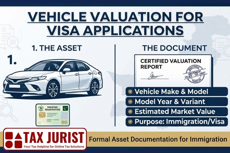 Infographic image about vehicle valuation report in Pakistan for visa and immigration purposes, prepared by a registered independent valuer. Document your vehicle asset clearly.
